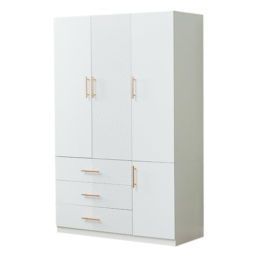 White 4 Doors 3 Drawers Wooden Closet Cabinet Wardrobe Armoire R306755