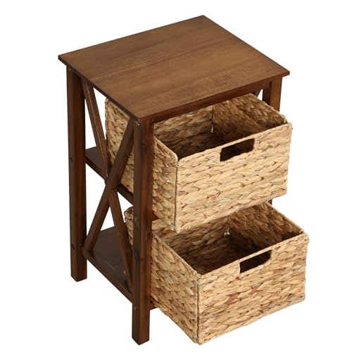 2-Tier Nightstand with Wicker Baskets Set of 2, Walnut U37222
