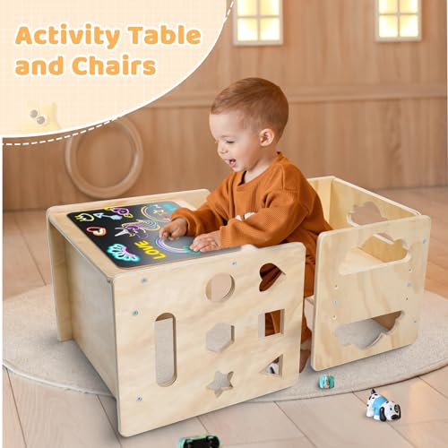 Wooden Toddler Table and Chair Set with Blackboard, 3 Heights Adjustable F246868