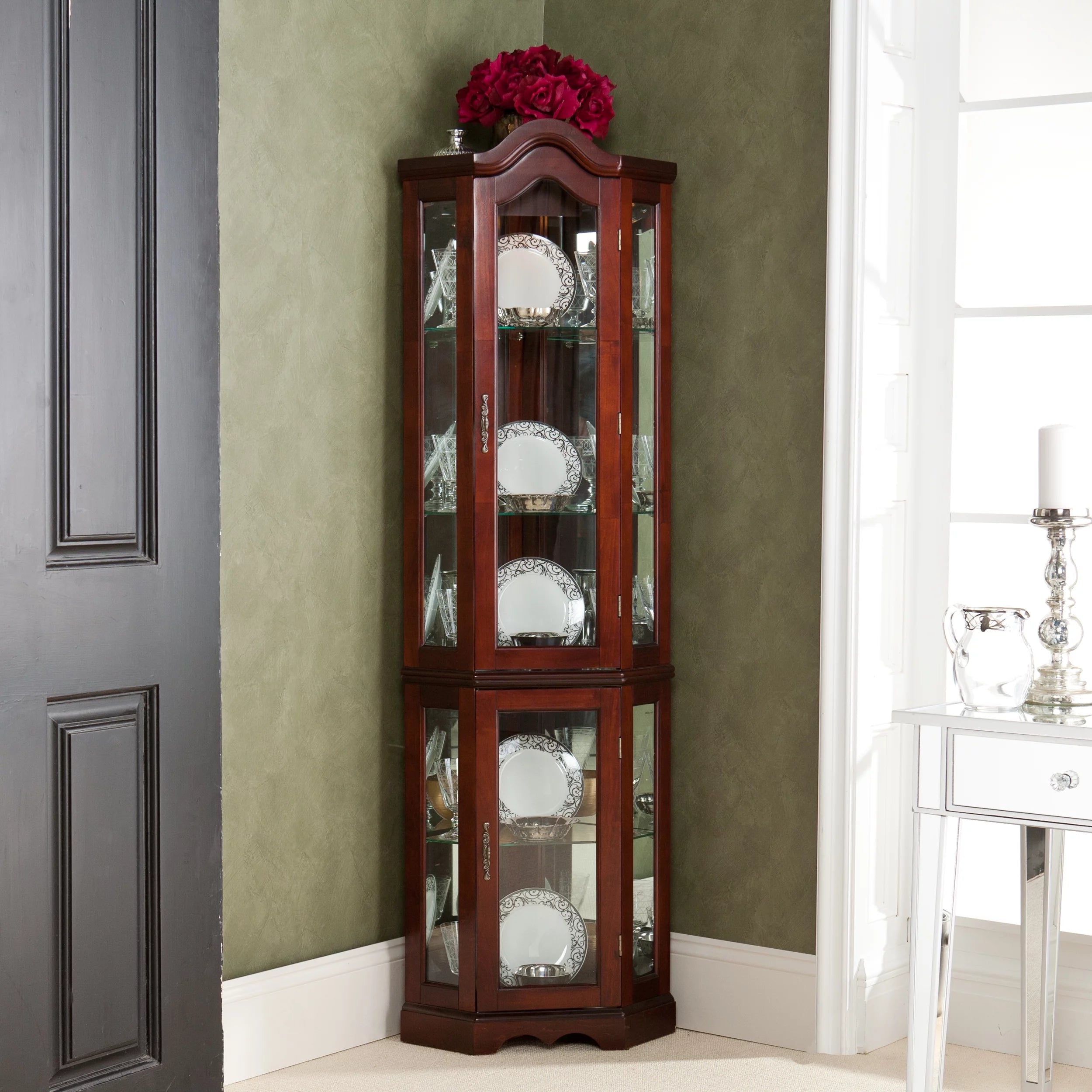 Lighted Corner Curio Cabinet Mahogany A8653
