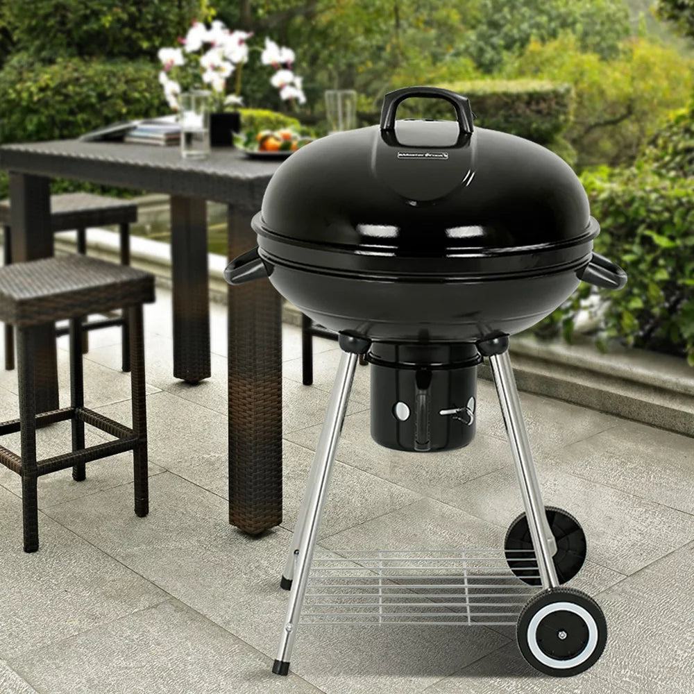 22" Round Portable Charcoal Kettle Grill With 2 Wheels, Black A868