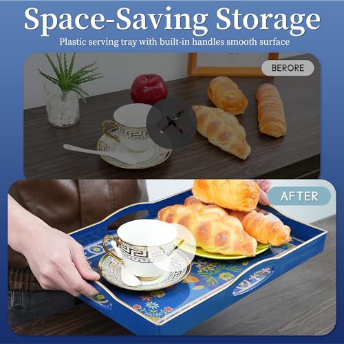 Blue Plastic Serving Tray with Handles, 15.7” x 10.2” x 1.37” V503529