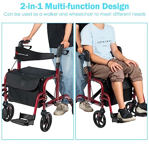 2 in 1 Folding Rollator Walker with Seat, 8-inch Wheel, Aluminium Frame T459861
