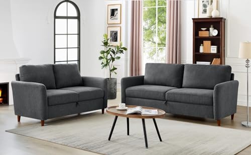Dark Grey 3-Seat Linen Sofa with Storage and 2 Pillows T8245