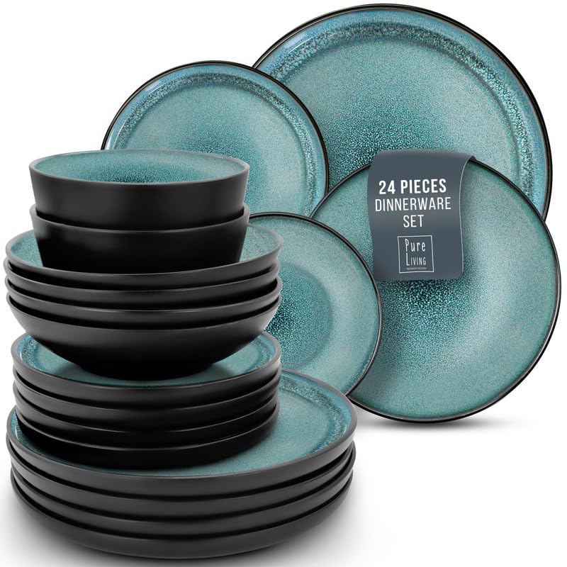 24 Piece Stoneware Dinnerware Set for 8, Beige Light Blue X4534