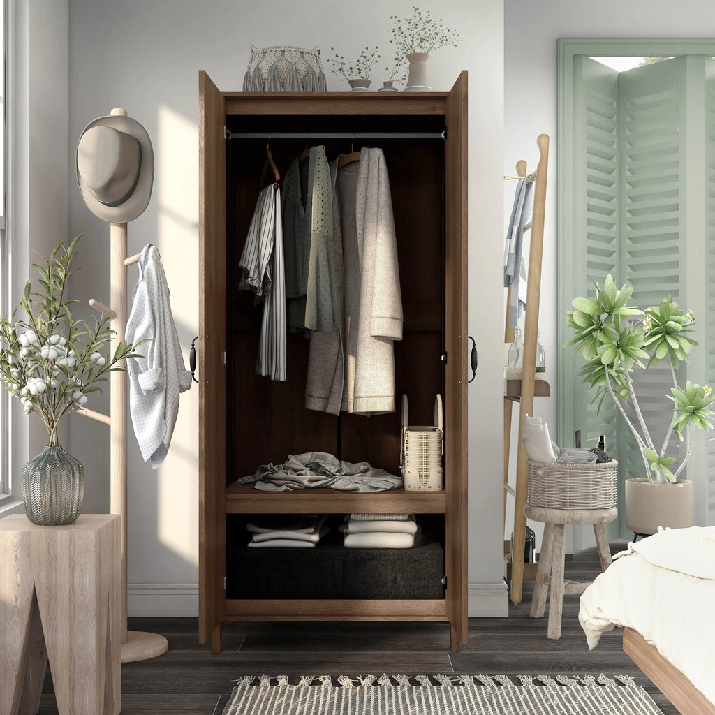 Rustic Distressed Walnut Double-door Wardrobe Closet with Shelves A683