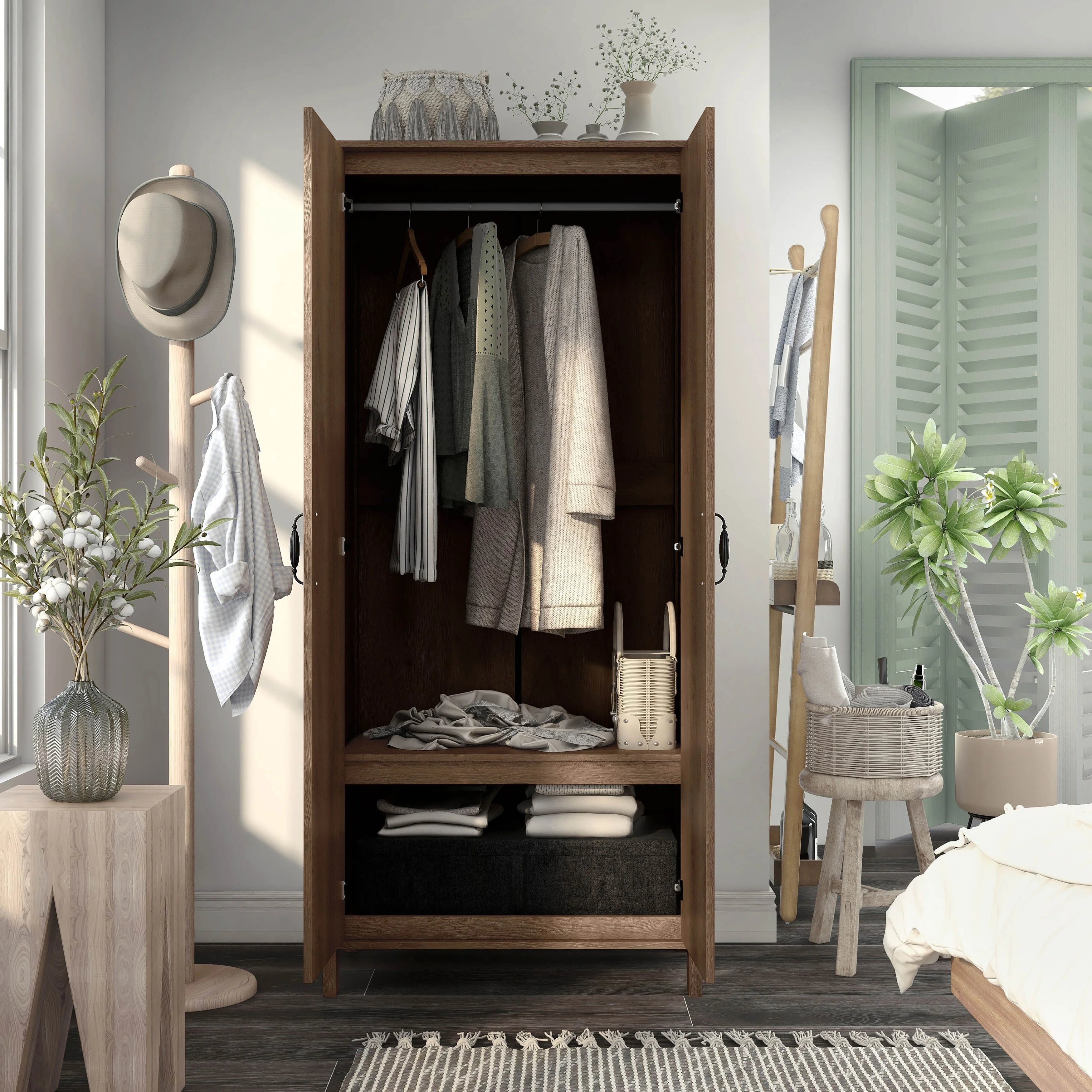 Rustic Distressed Walnut Double-door Wardrobe Closet with Shelves A683