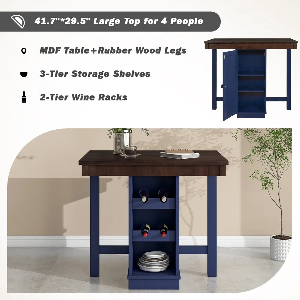 Brown and Blue 5-Piece Counter Height Dining Set with 4 Stools and Square Wood Table W703