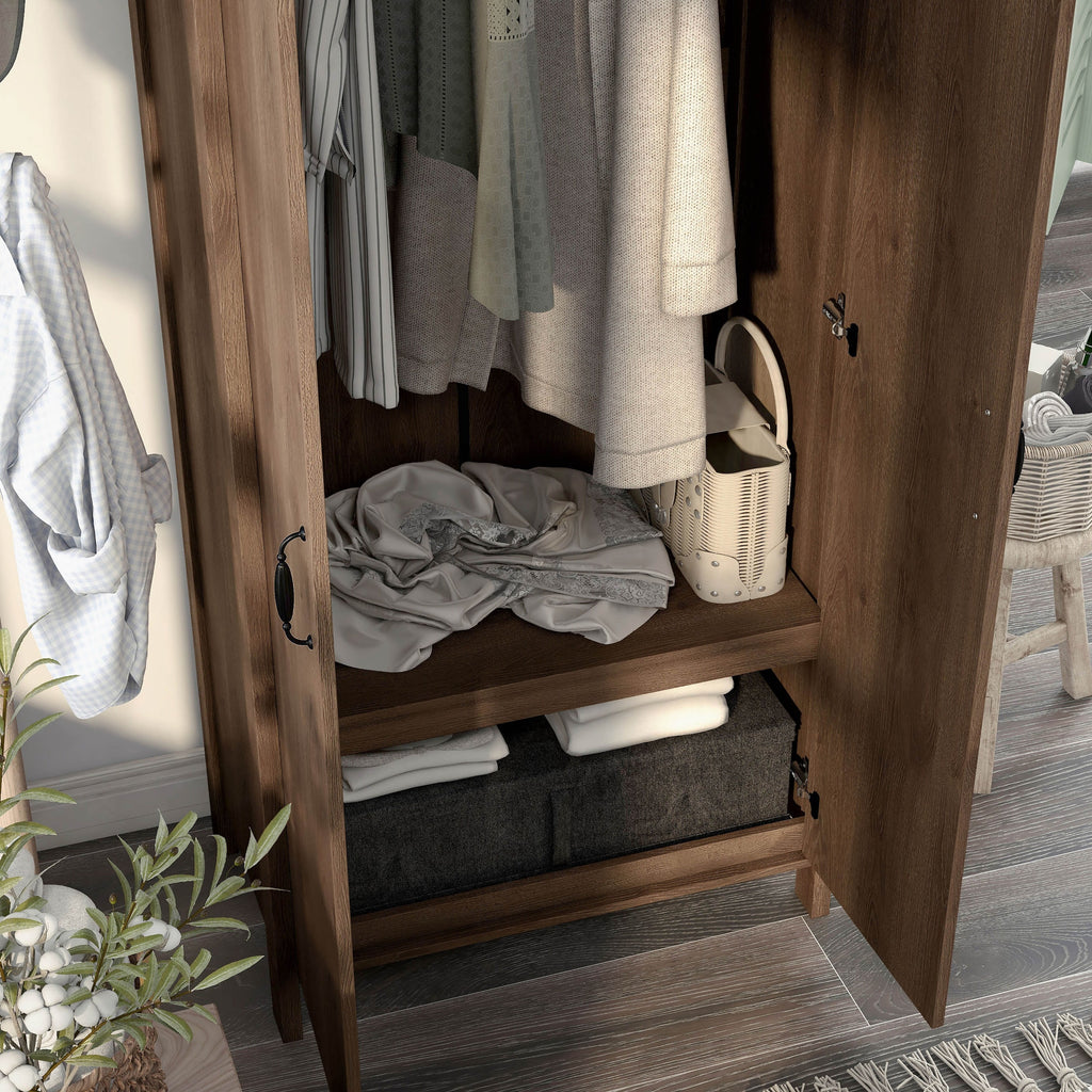 Rustic Distressed Walnut Double-door Wardrobe Closet with Shelves A683