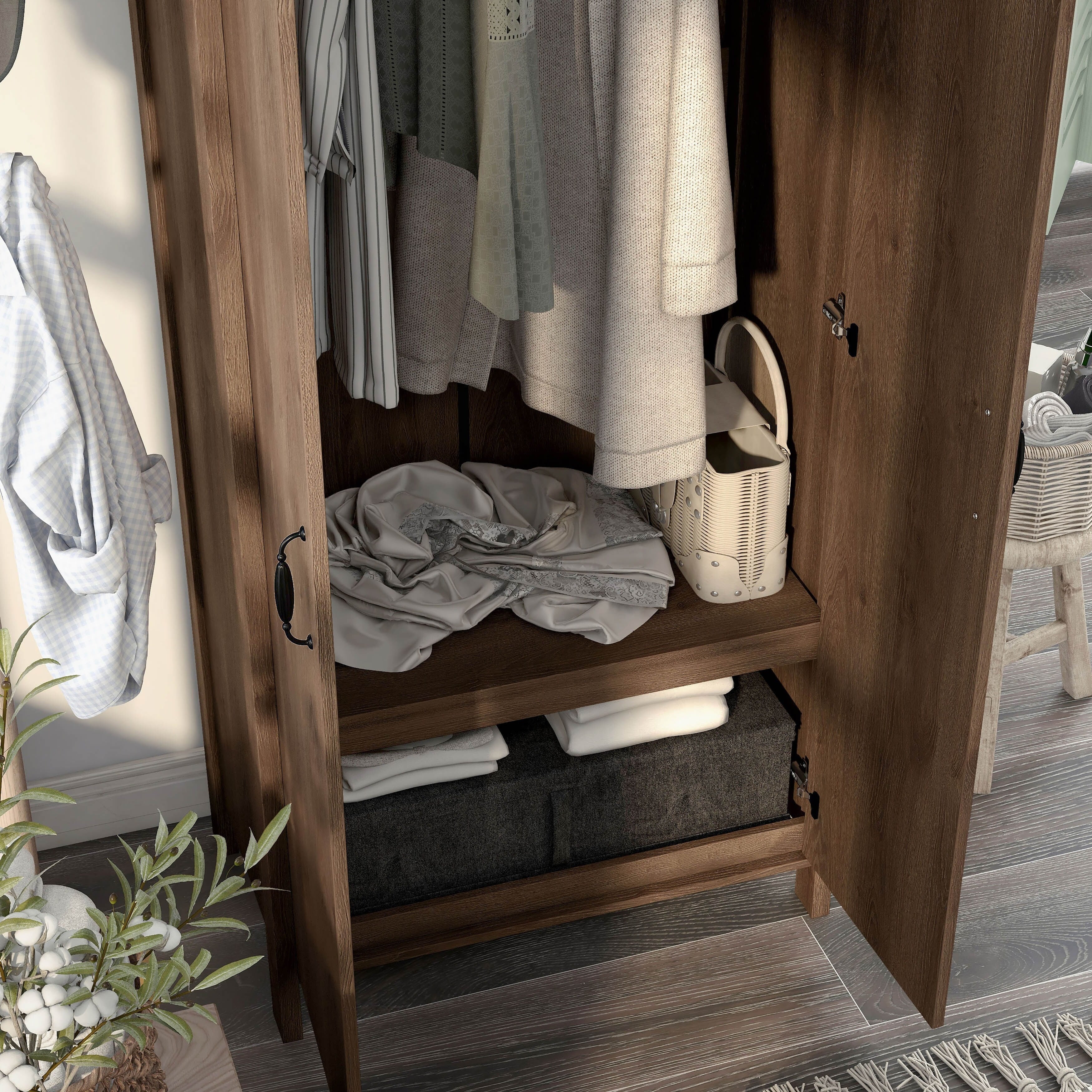 Rustic Distressed Walnut Double-door Wardrobe Closet with Shelves A683