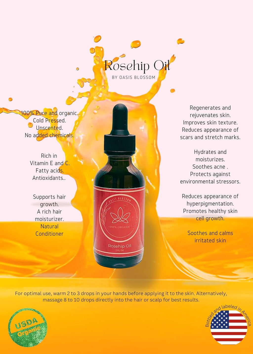 100% Pure Certified USDA Organic Cold Pressed Unrefined Rosehip Oil, 2 Fl Oz Y323386