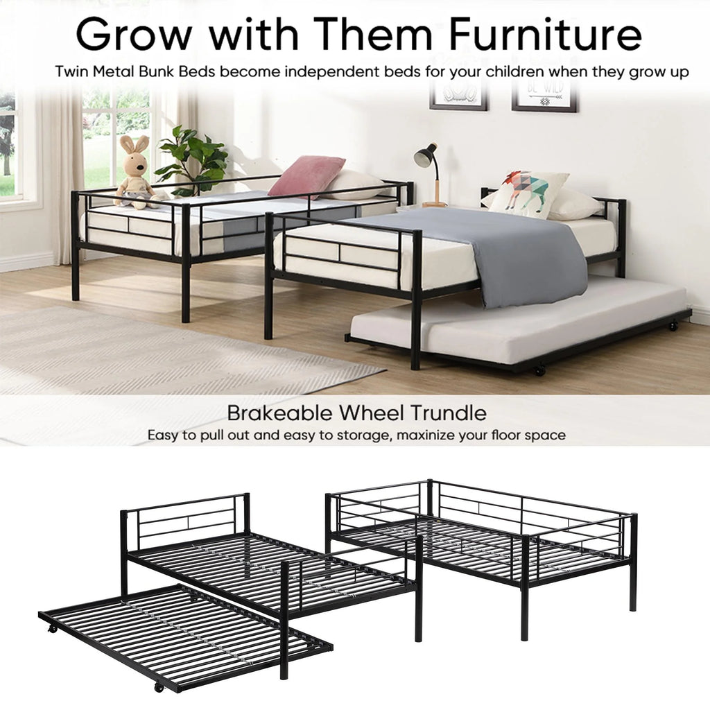 Black Twin Over Twin Metal Bunk Bed with Trundle W353