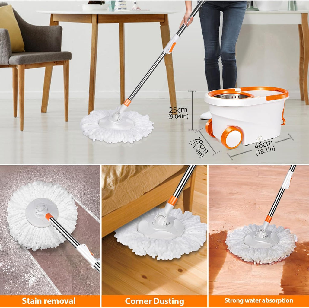Spin Mop and Bucket with Wringer Set, 57" Adjustable Handle, Stainless Steel Bucket with 2 Wheels, 6 Microfiber Mop Pads L356601