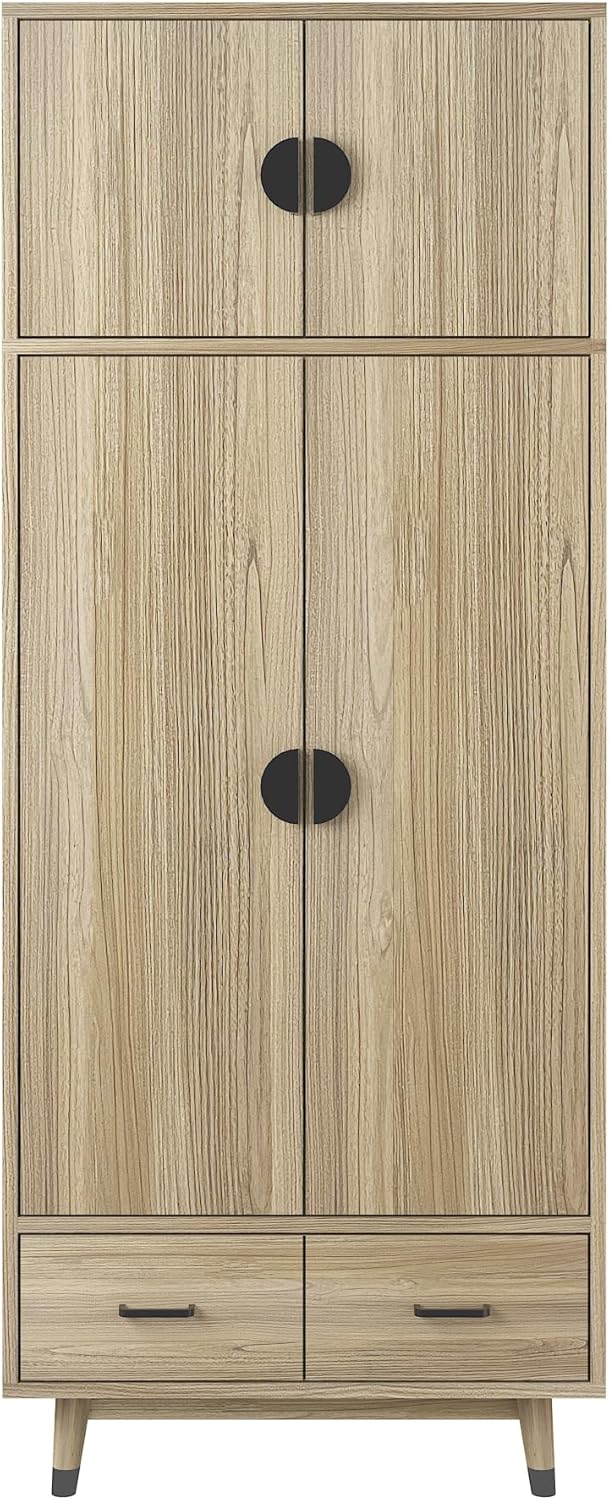 Oak 2-Door Wood Wardrobe Closet with 2 Drawers and Hanging Rod B948