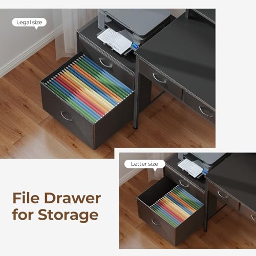 Black L Shaped Desk with File Drawers, Power Outlet & LED Lights D70872