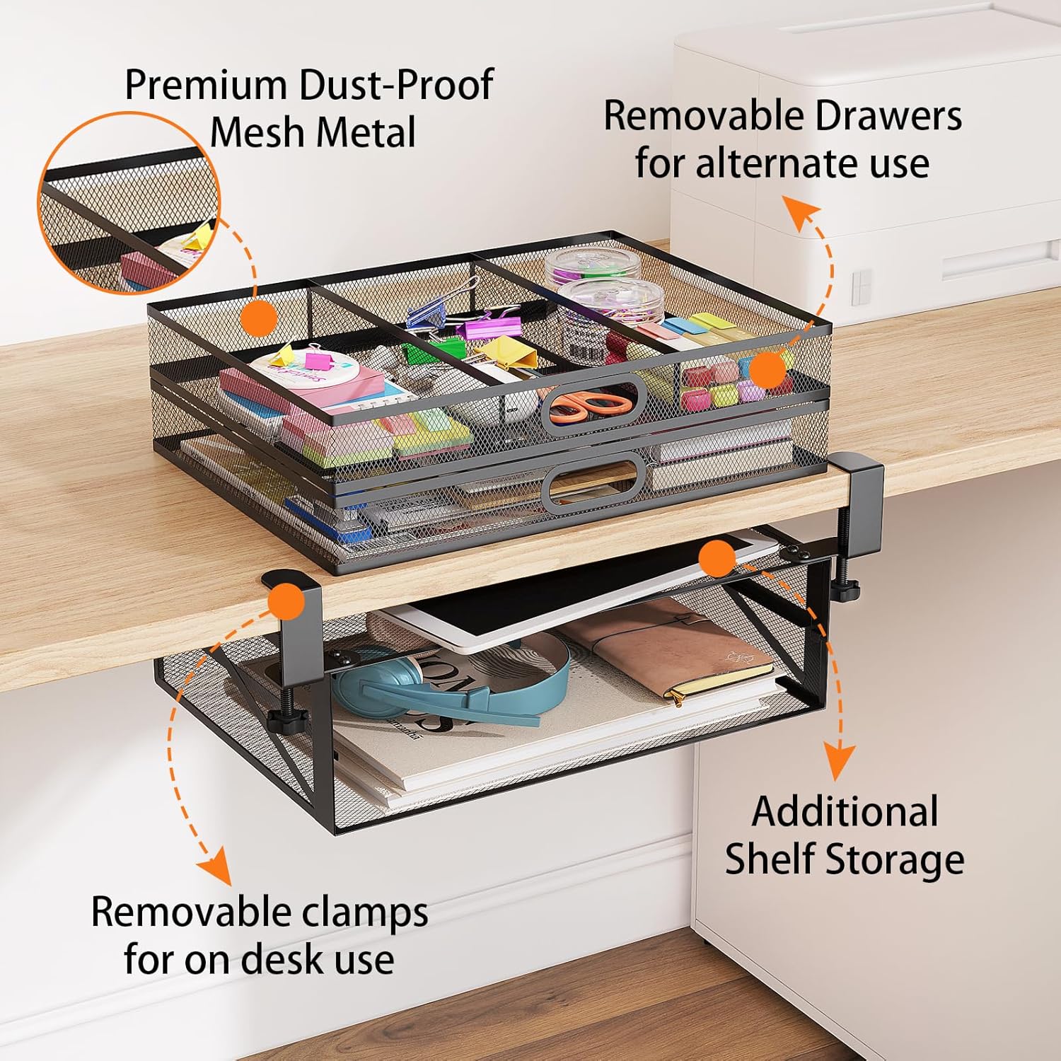 Under Desk 2 Drawer Metal Drawer Organizer Large 15.6x12x4.7 Inches D220