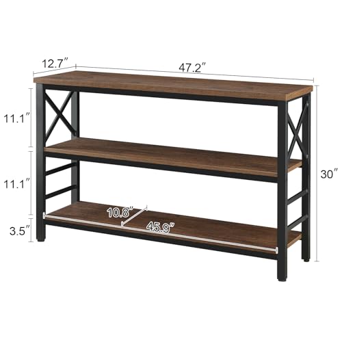 47" Industrial 3-Tier Metal Console Table with Shelves, Brown Z1048