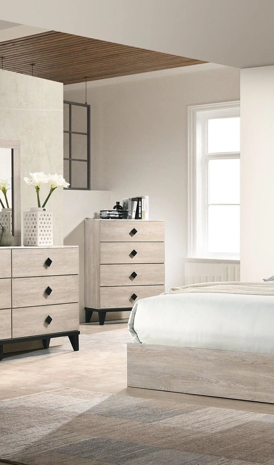 Cream Color Dresser Mirror Nightstands Chest 5pc Bedroom Set R33311