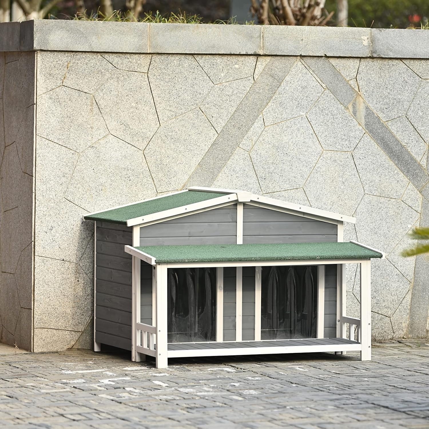 Gray Green Wooden Dog House with Porch 2 Doors S412