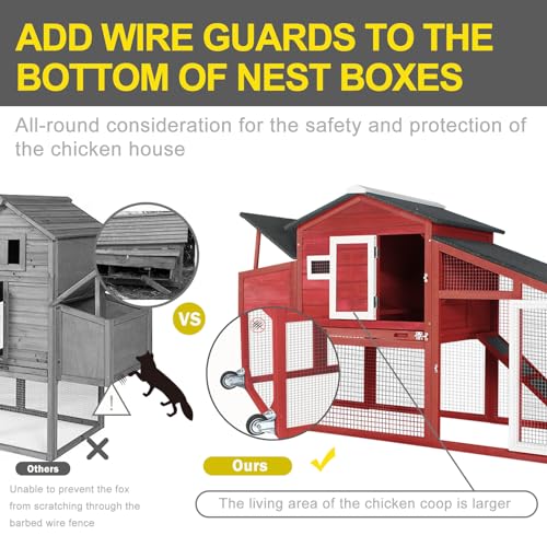 Large Wooden Chicken Coop with Wheels Waterproof Outdoor Hen House Poultry Cage with Run Laying Boxes and Secure Enclosure T3606