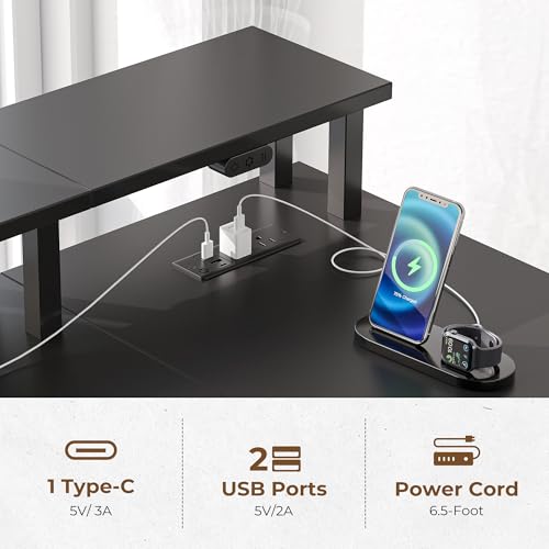 Black L Shaped Desk with File Drawers, Power Outlet & LED Lights D70872