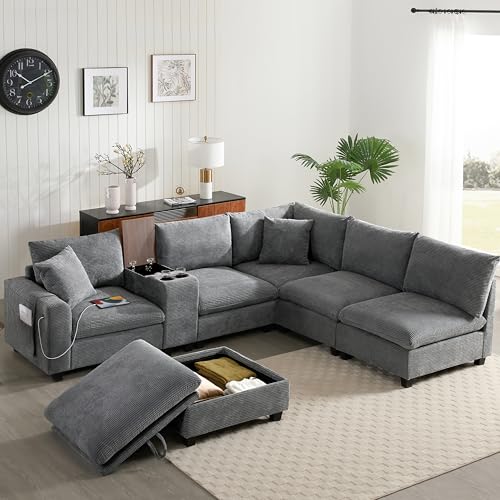 Oversized Modular Sectional Sofa with Storage Ottoman and Console, Gray W2490