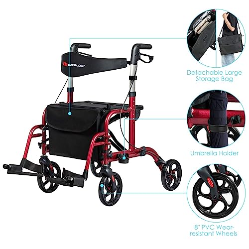 2 in 1 Folding Rollator Walker with Seat, 8-inch Wheel, Aluminium Frame T459861