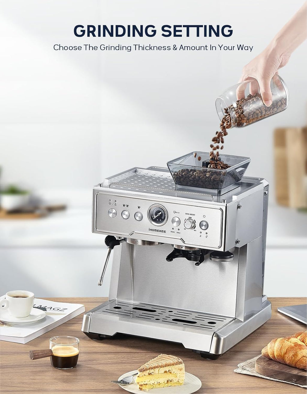 20 Bar Semi-Automatic Espresso Machine With Grinder and Milk Frother, Brushed Stainless Steel Z137705