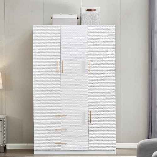White 4 Doors 3 Drawers Wooden Closet Cabinet Wardrobe Armoire R306755