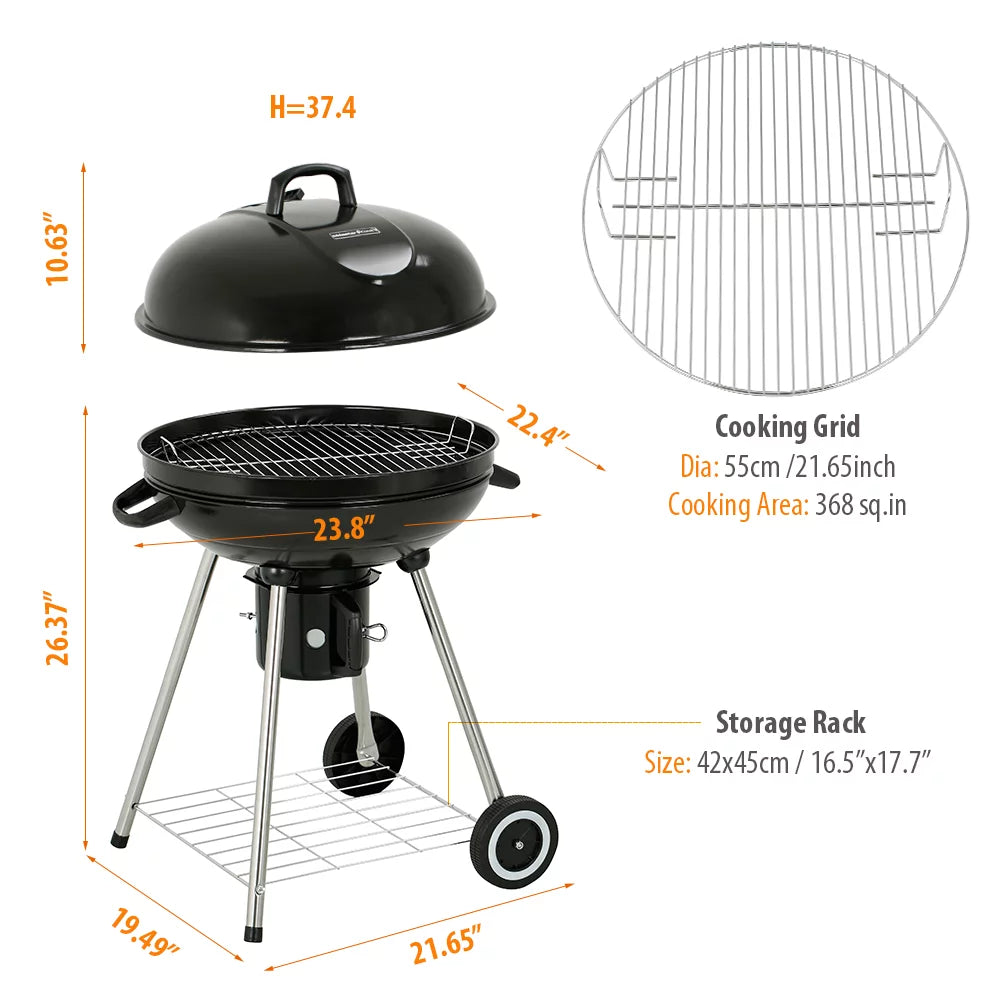 22" Round Portable Charcoal Kettle Grill With 2 Wheels, Black A868