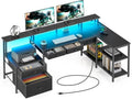 Black L Shaped Desk with File Drawers, Power Outlet & LED Lights D70872