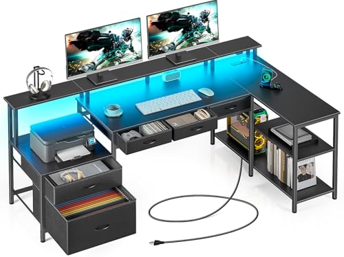 Black L Shaped Desk with File Drawers, Power Outlet & LED Lights D70872