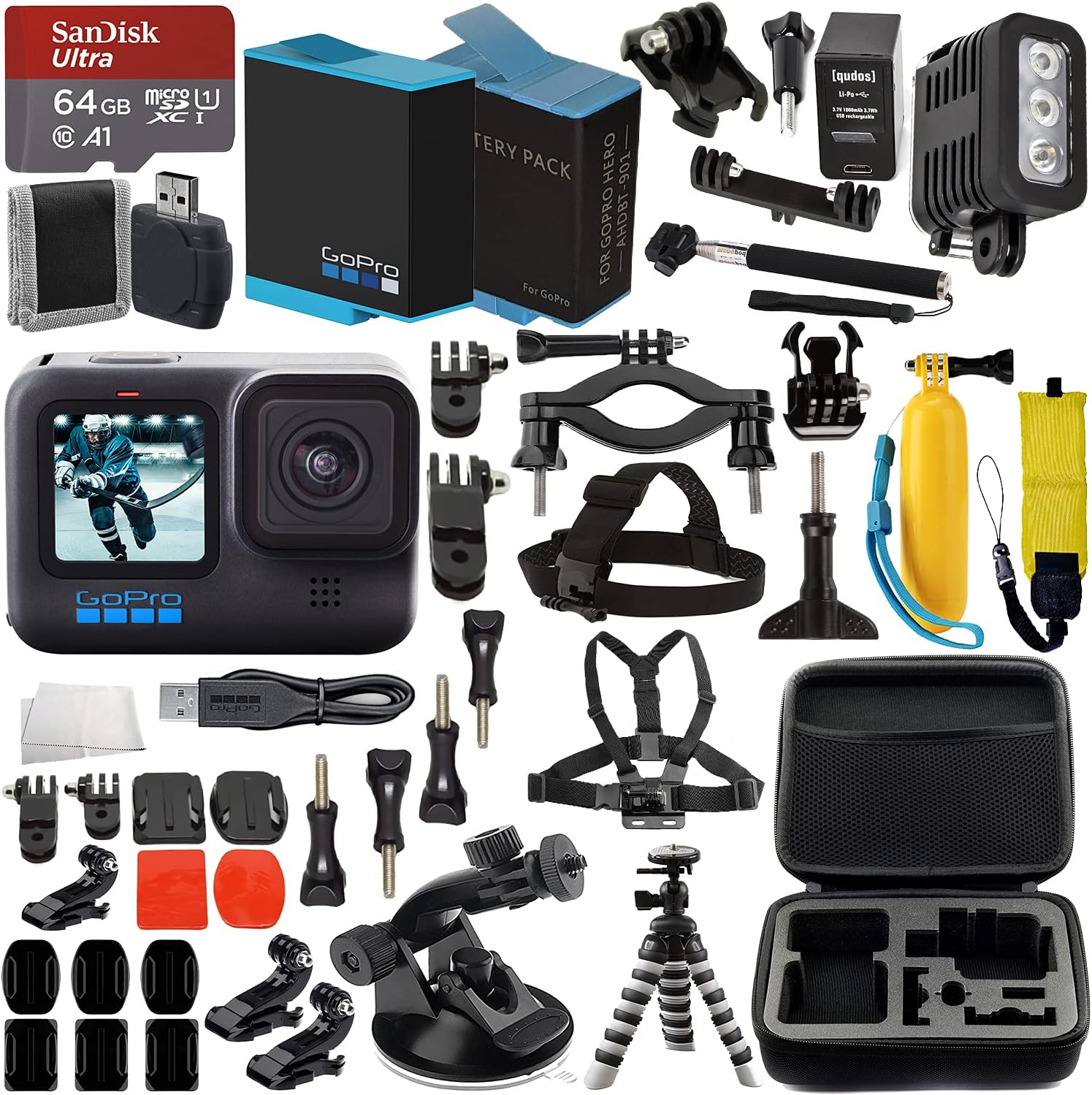 Hero 10 Black with 64GB microSD Memory Card, Replacement Battery, Underwater LED Light with Bracket, Water Resistant Protective Case Q51988