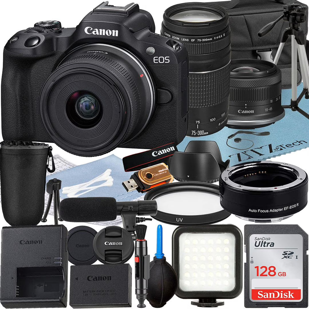Mirrorless Camera with RF-S 18-45mm + EF 75-300mm Lens + 128GB Memory Card + Case + LED Flash E95828