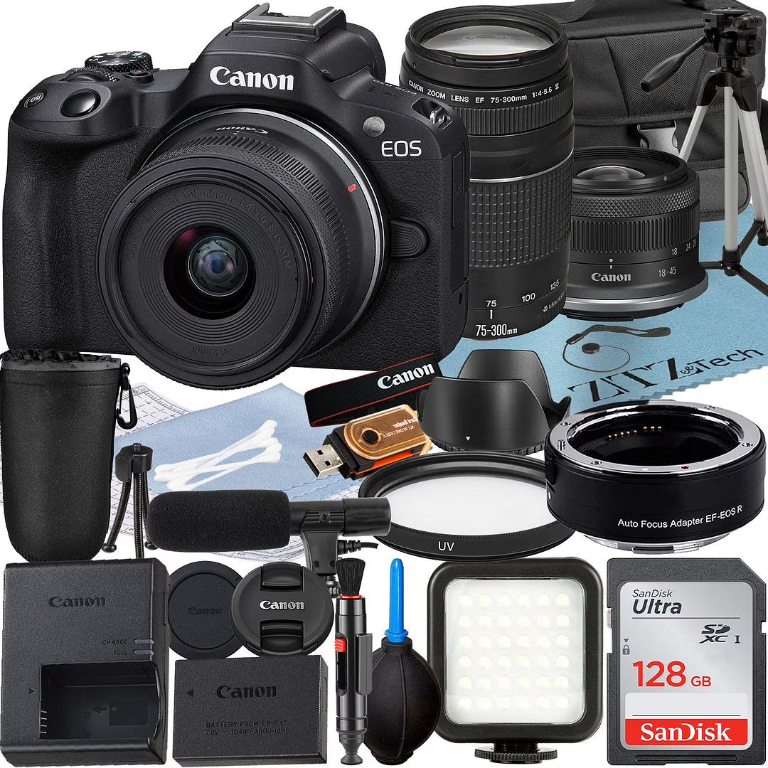 Mirrorless Camera with RF-S 18-45mm + EF 75-300mm Lens + 128GB Memory Card + Case + LED Flash E95828
