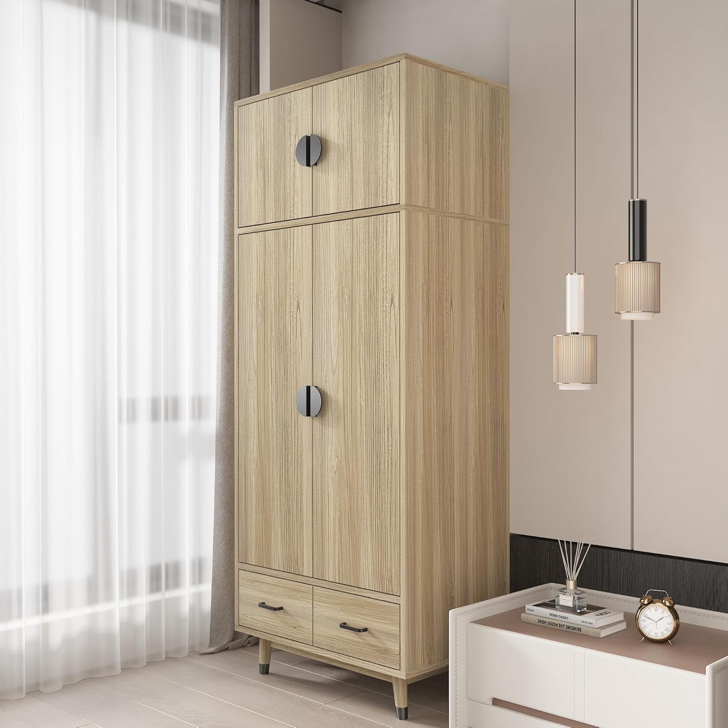 Oak 2-Door Wood Wardrobe Closet with 2 Drawers and Hanging Rod B948