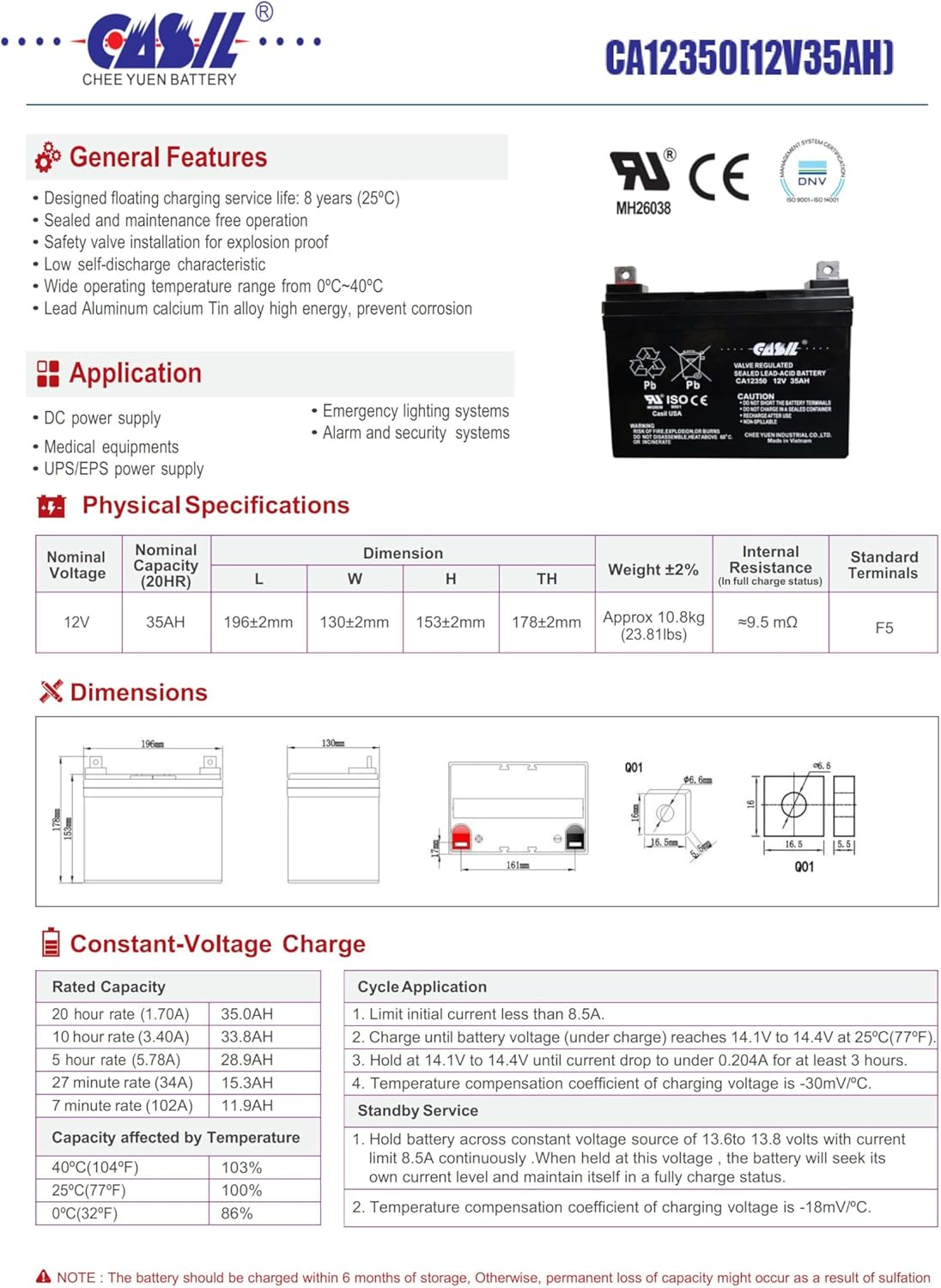 12V 35Ah Deep Cycle AGM SLA Rechargeable Battery U763
