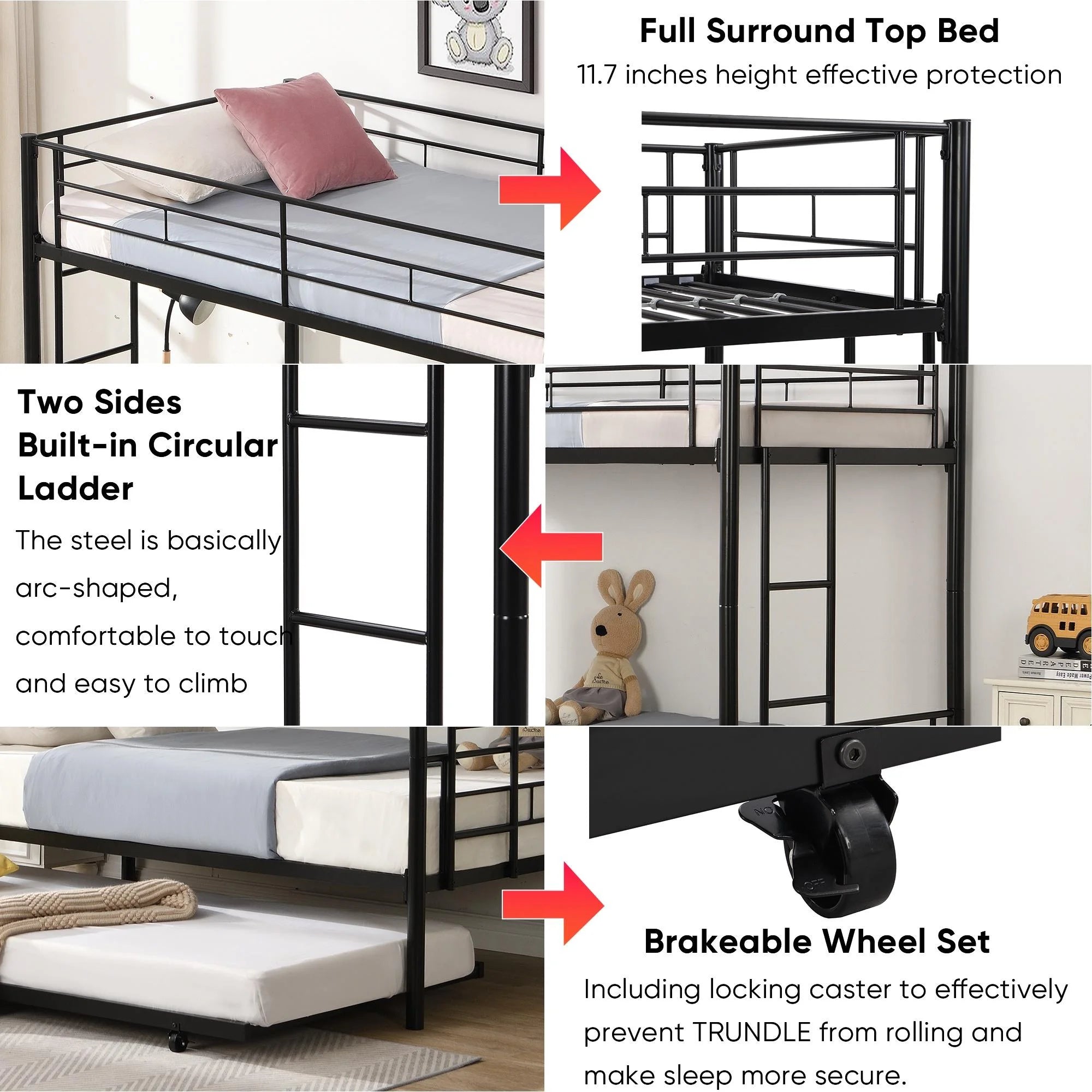 Black Twin Over Twin Metal Bunk Bed with Trundle W353